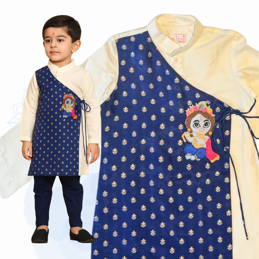 Cotton Silk Kurta With Brocade Flap & Krishna Motif Set