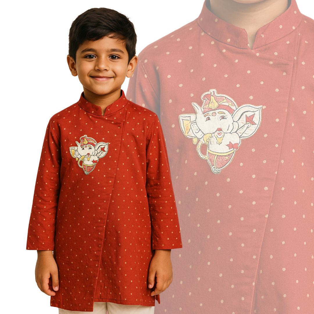 Red Brocade Kurta Set with Ganesha Motif