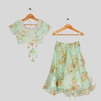 Green Printed Embroidered Blouse with Organza Skirt -  2 Yrs