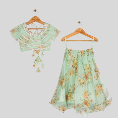 Green Printed Embroidered Blouse with Organza Skirt -  2 Yrs