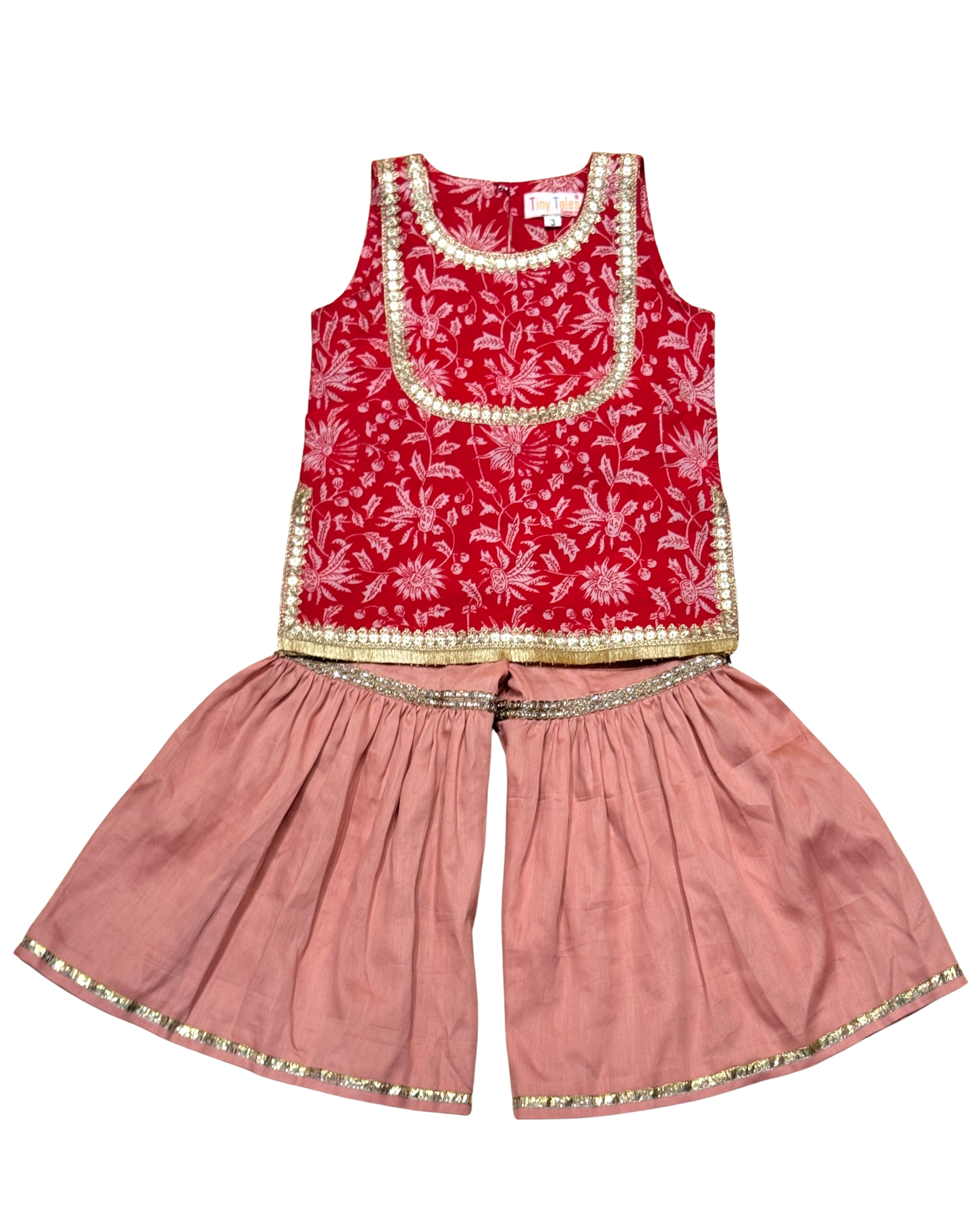 Red Printed Kurti with Pink Garara