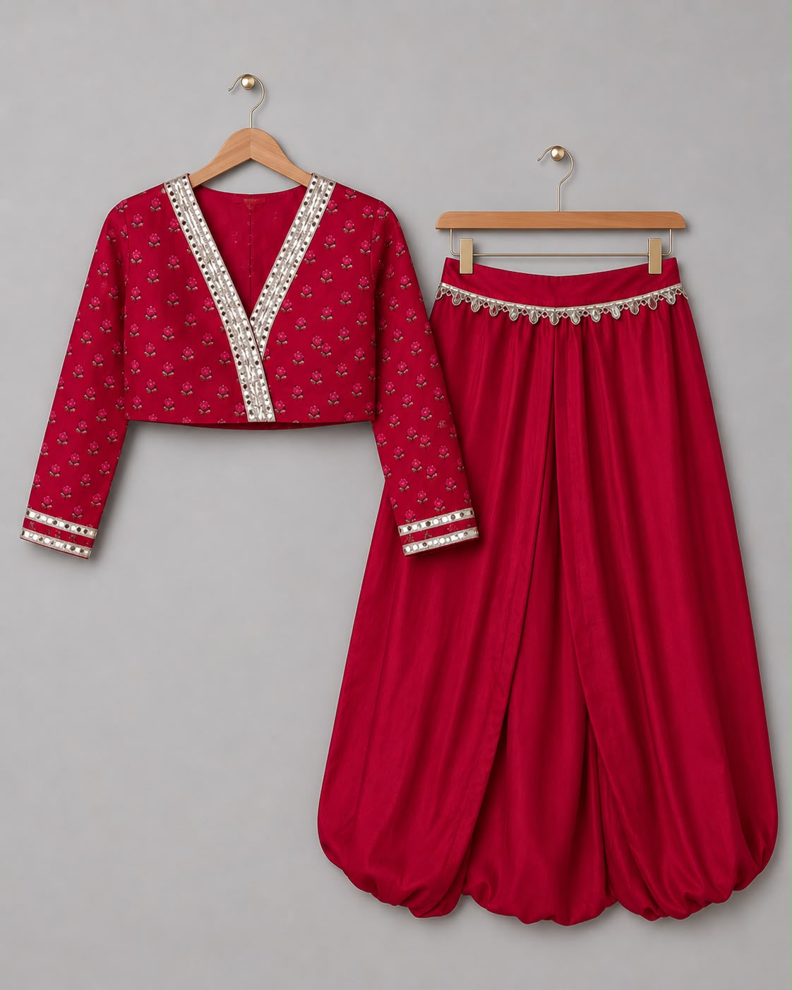Red Printed Wrap Top with Dhoti Set