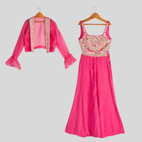 Pink Mirror Work Blouse with Kali Pants and Cape