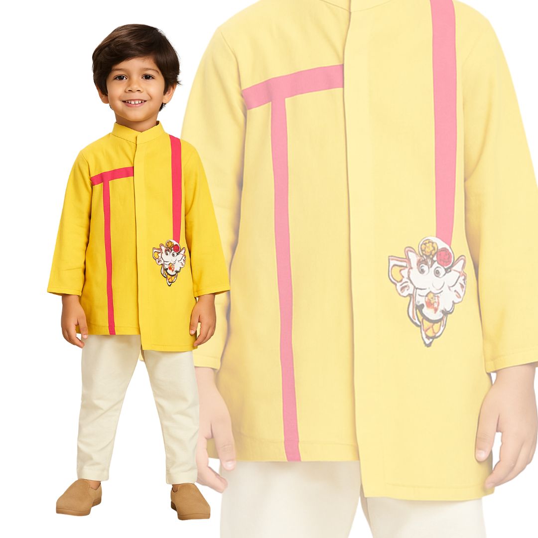 Yellow and Pink Kurta Set with Ganesha Motif