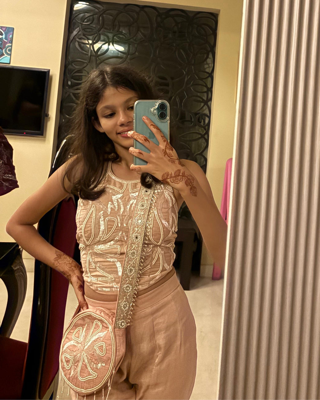 Pink Halter Embroidered Blouse with Flared Pants & Crossbody Bag