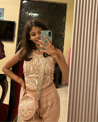 Pink Halter Embroidered Blouse with Flared Pants & Crossbody Bag