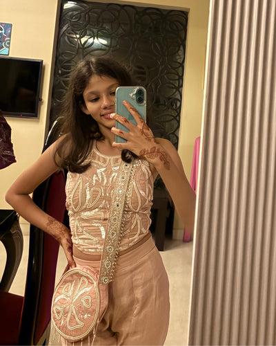 Pink Halter Embroidered Blouse with Flared Pants & Crossbody Bag