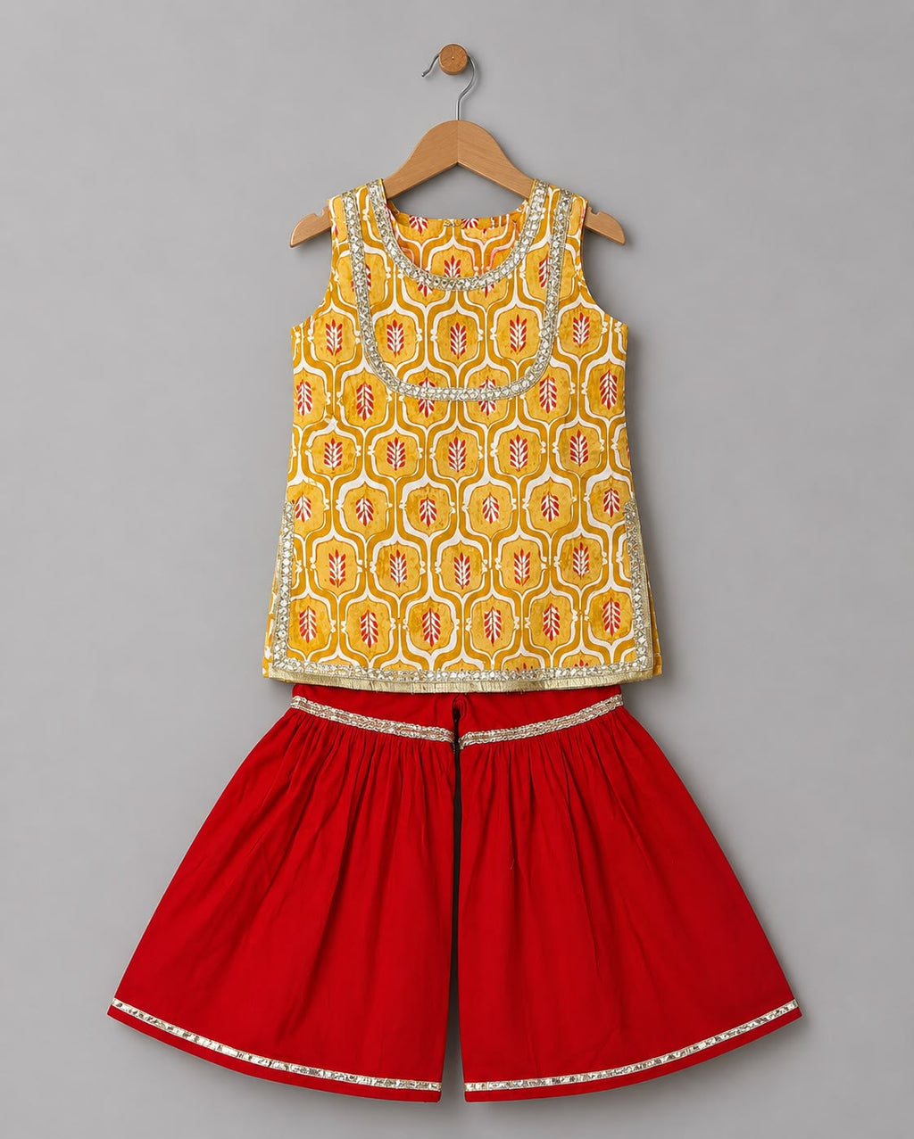 Yellow Printed Kurti with Red Garara