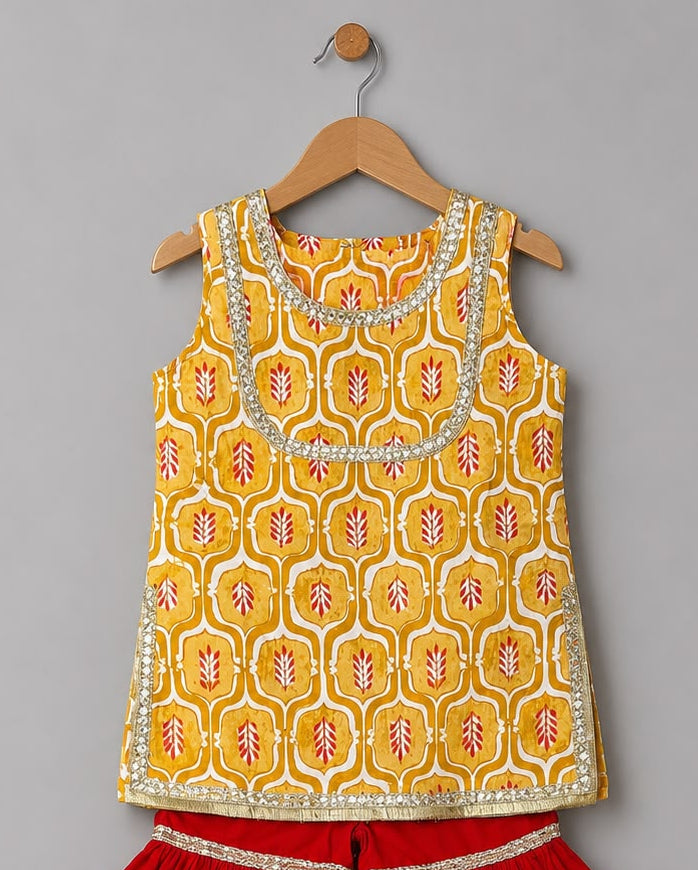 Yellow Printed Kurti with Red Garara