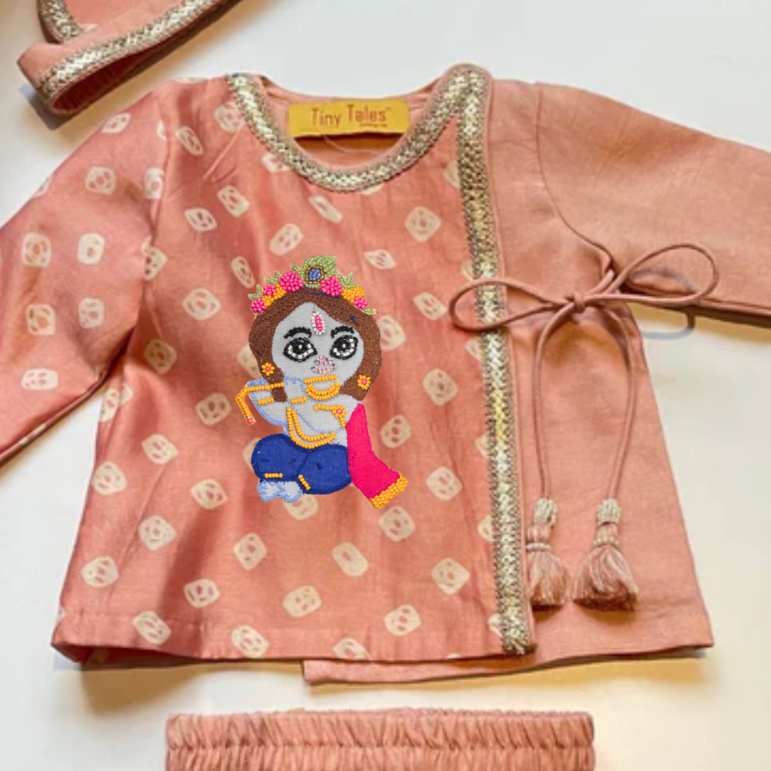 Pink Bandhni Jamna Set with Krishna Motif