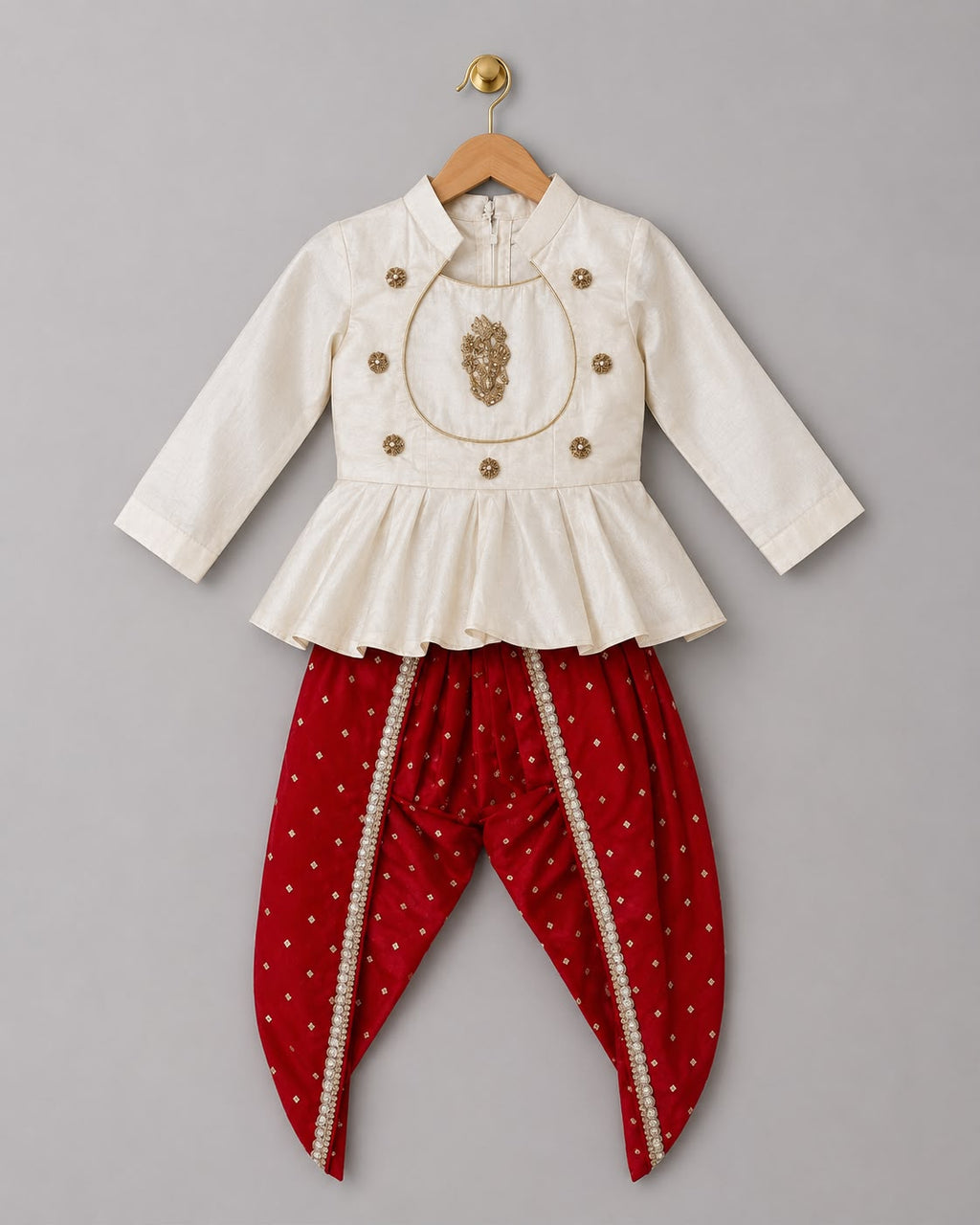 Off White Peplum with Red Dhoti Set