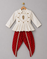 Off White Peplum with Red Dhoti Set