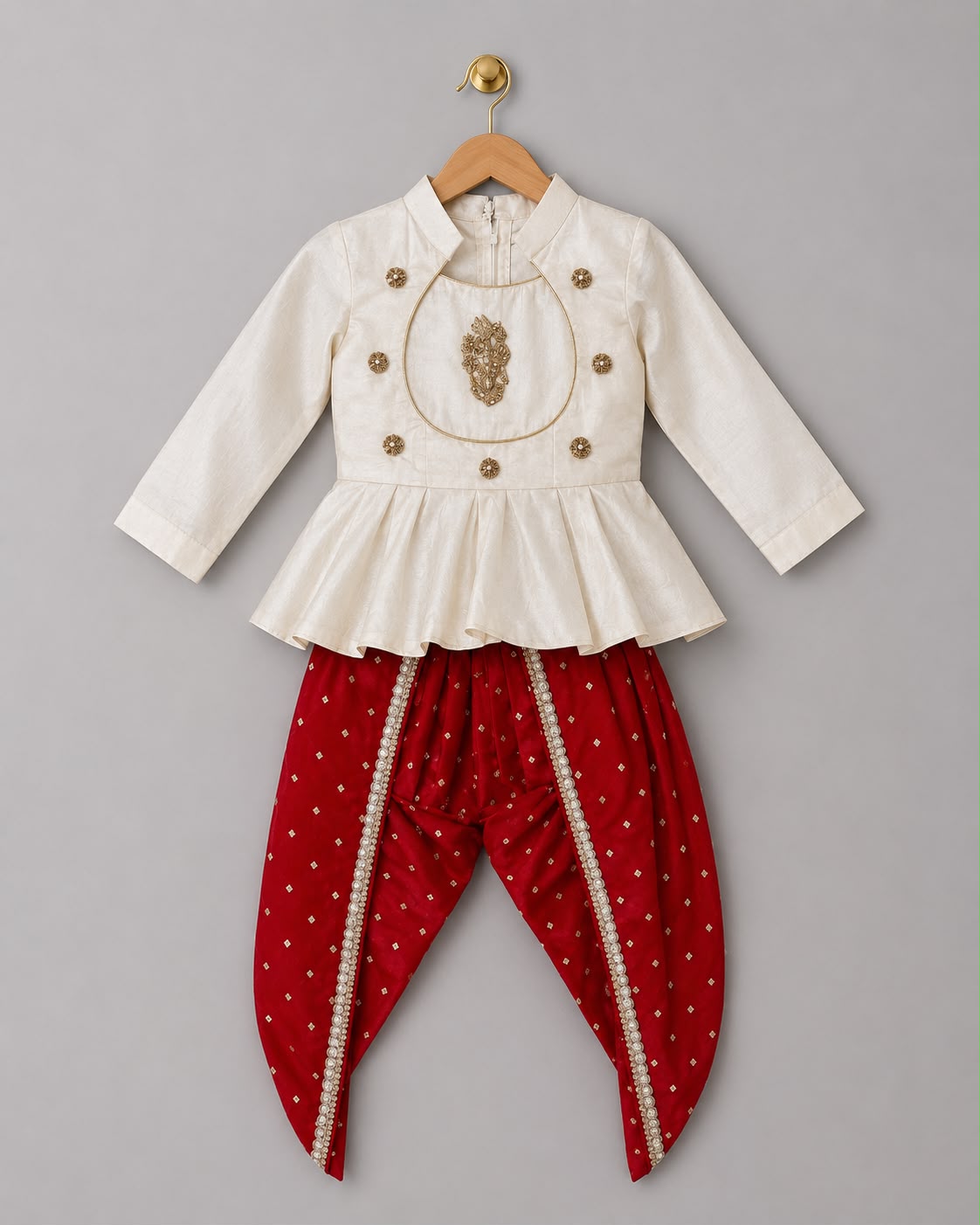 Off White Peplum with Red Dhoti Set