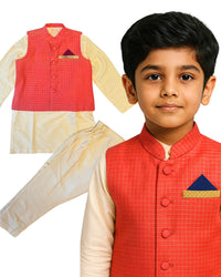 Pink Checkered Jacket With Chanderi Kurta Set