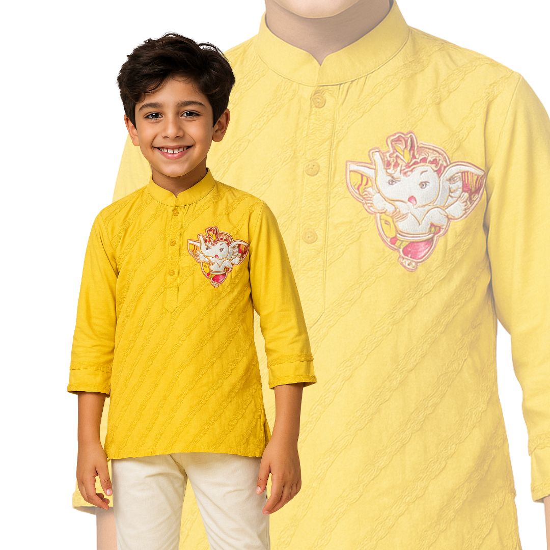 Yellow Frill Textured Kurta Set with Ganesha Motif