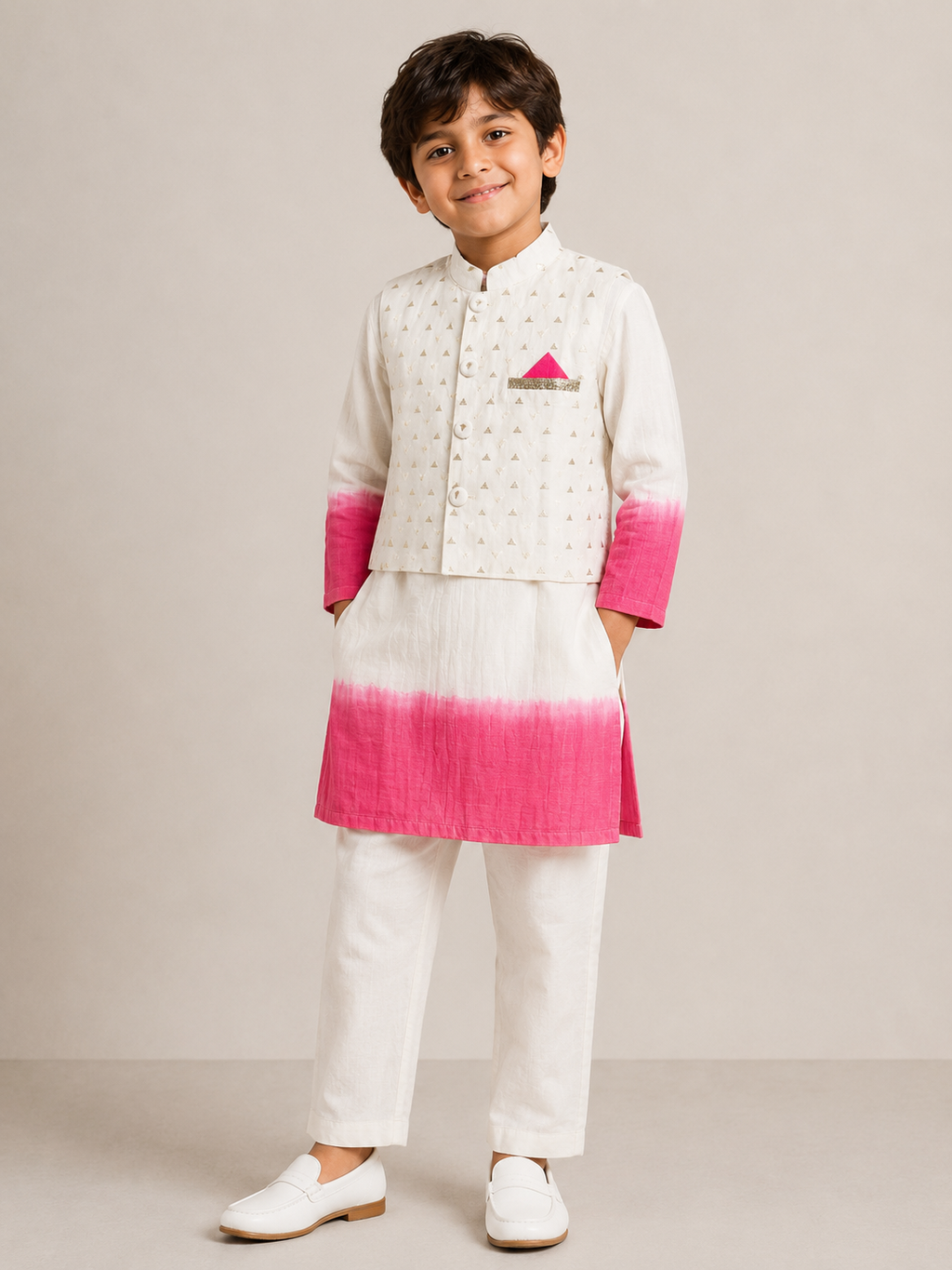 Off White & Pink Shaded Kurta Set withy Brocade Jacket