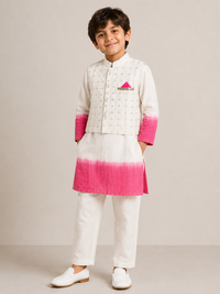 Off White & Pink Shaded Kurta Set withy Brocade Jacket