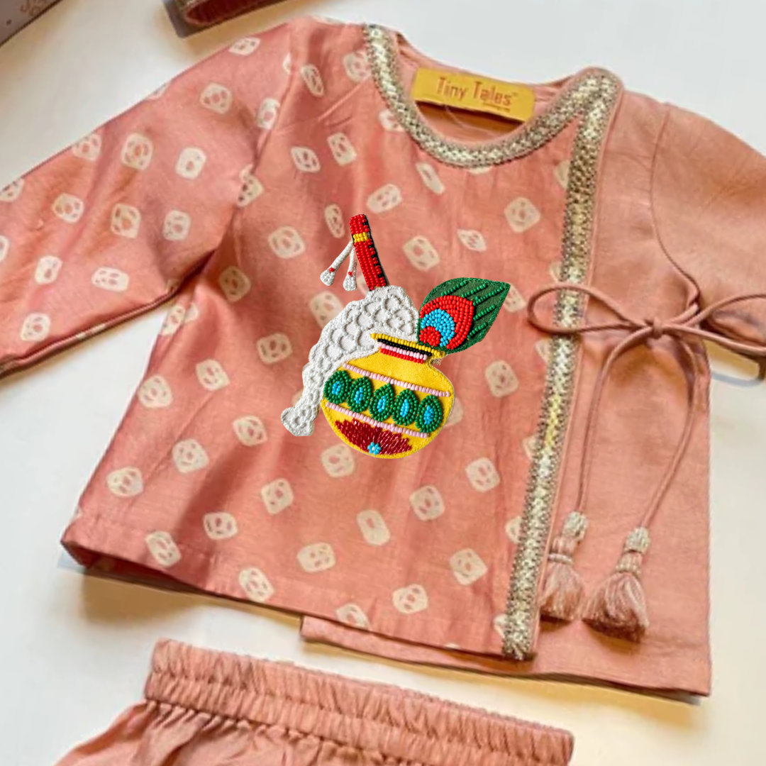 Pink Bandhni Jamna Set with Krishna Motif