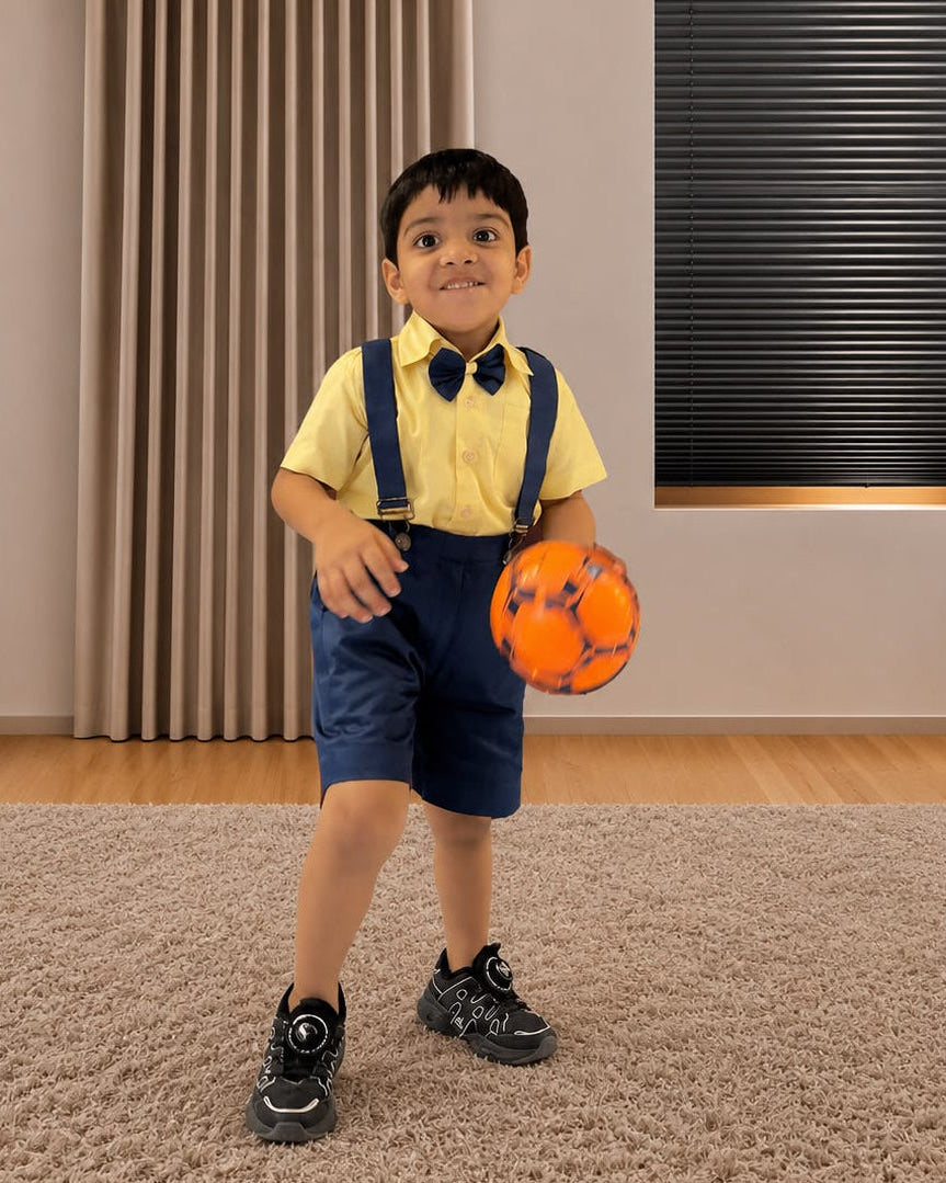 Yellow Shirt with Navy Blue Pant-Suspender Set