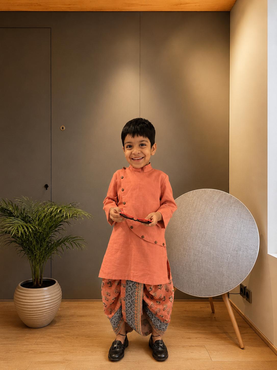 Pink Cotton Linen Kurta witth Printed Dhoti