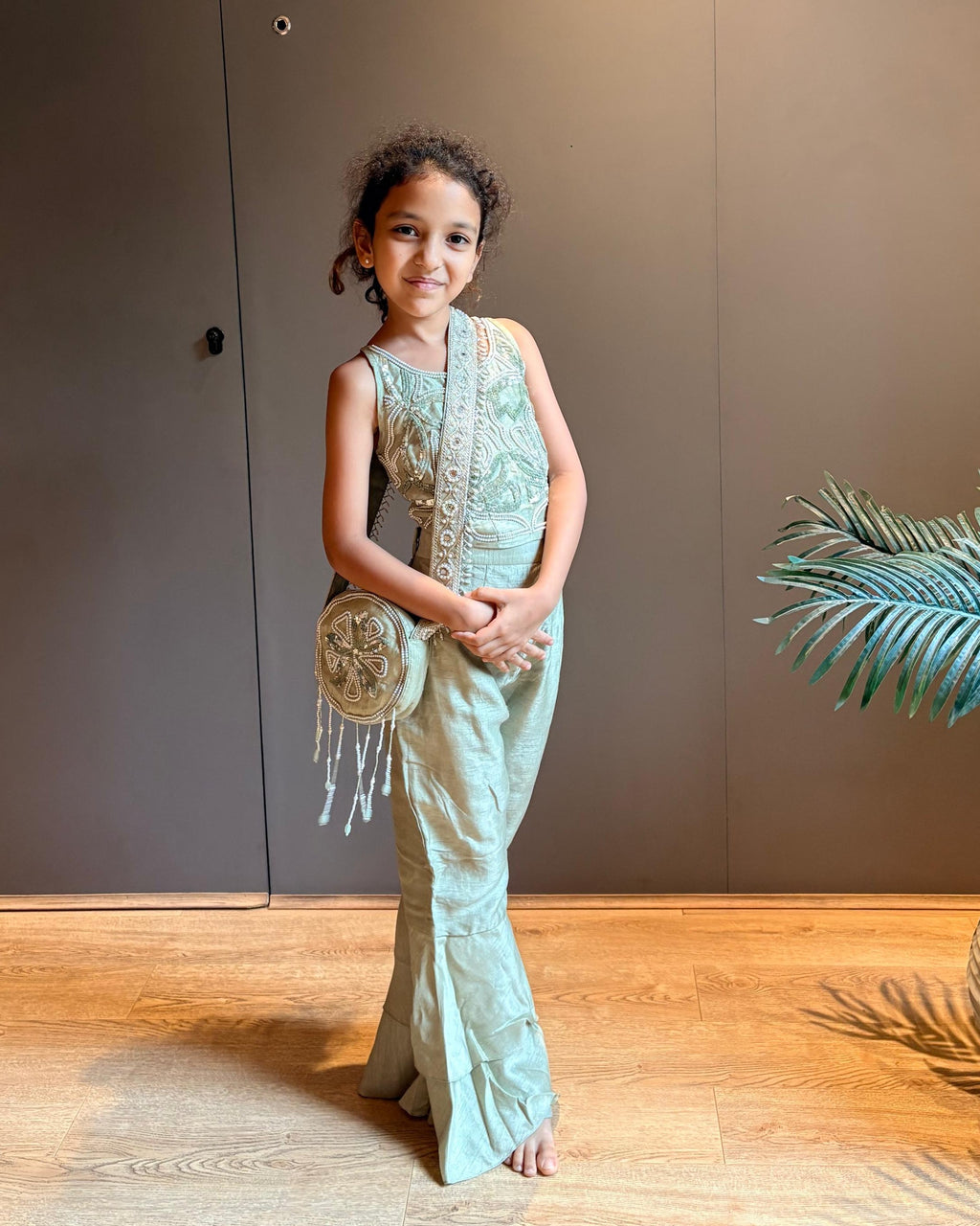 Sage Green Halter Embroidered Blouse with Flared Pants & Crossbody Bag