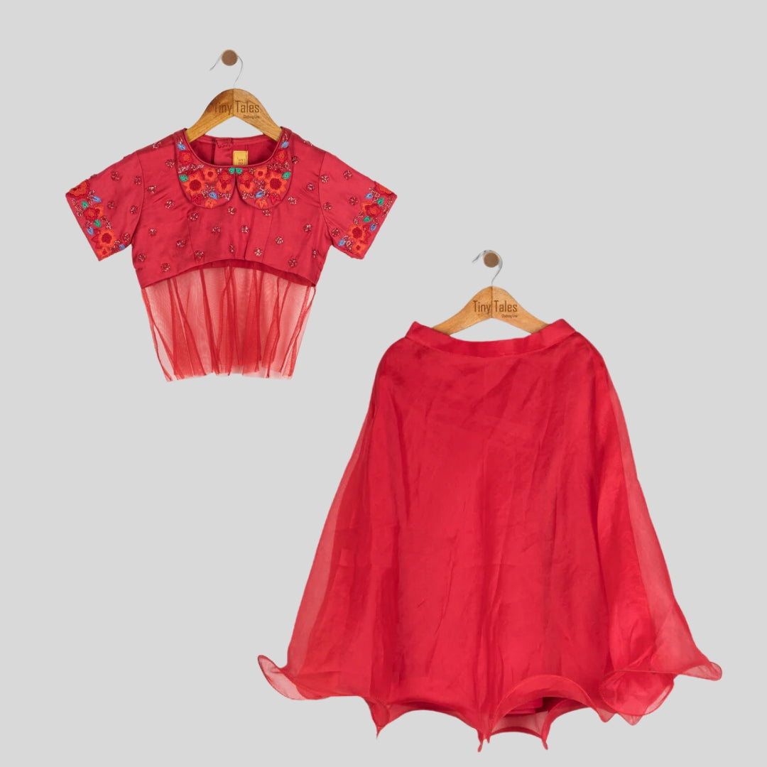 Red Peter Pan Collared Lehenga Set