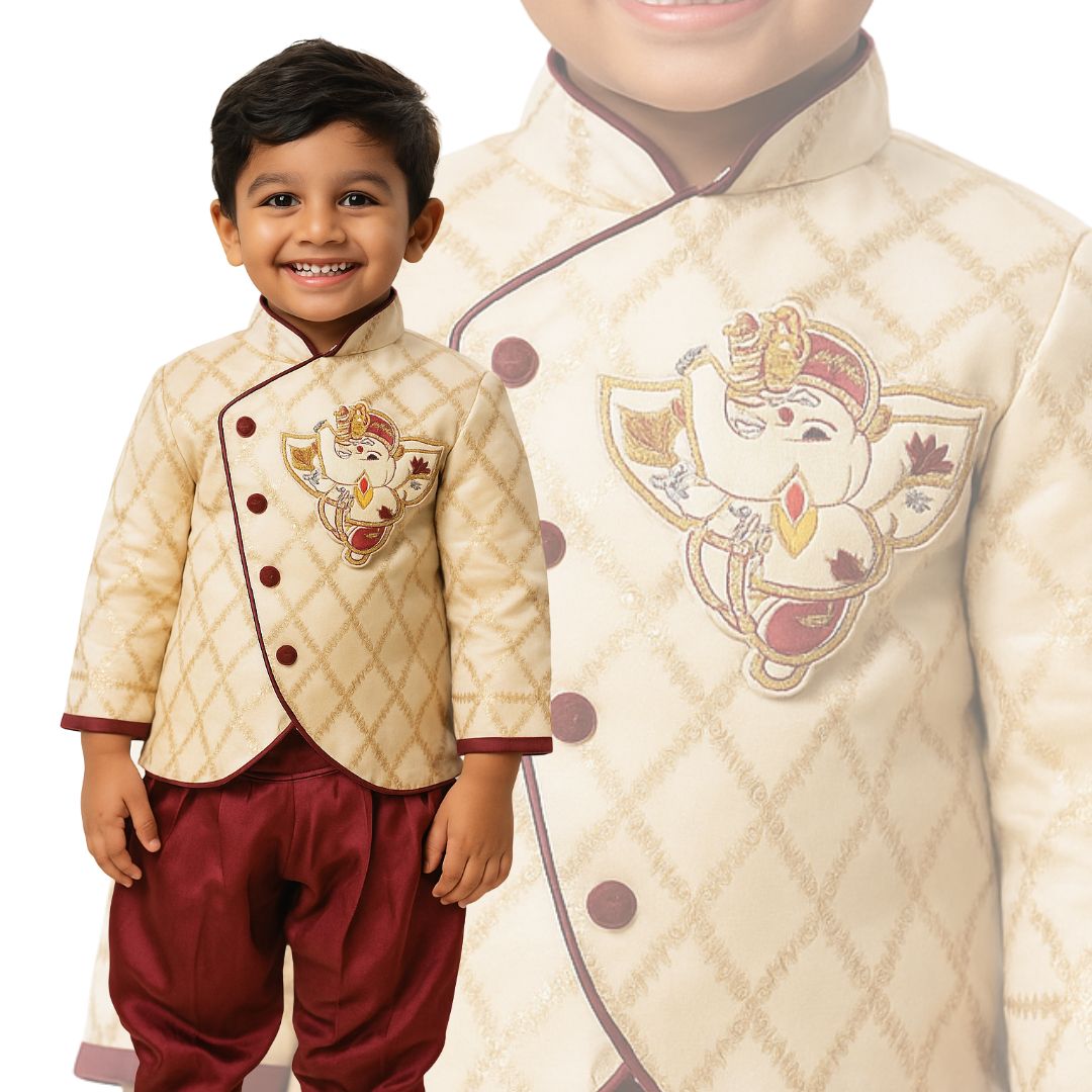 White Brocade Jacket and Maroon Kurta with Ganesha Motif