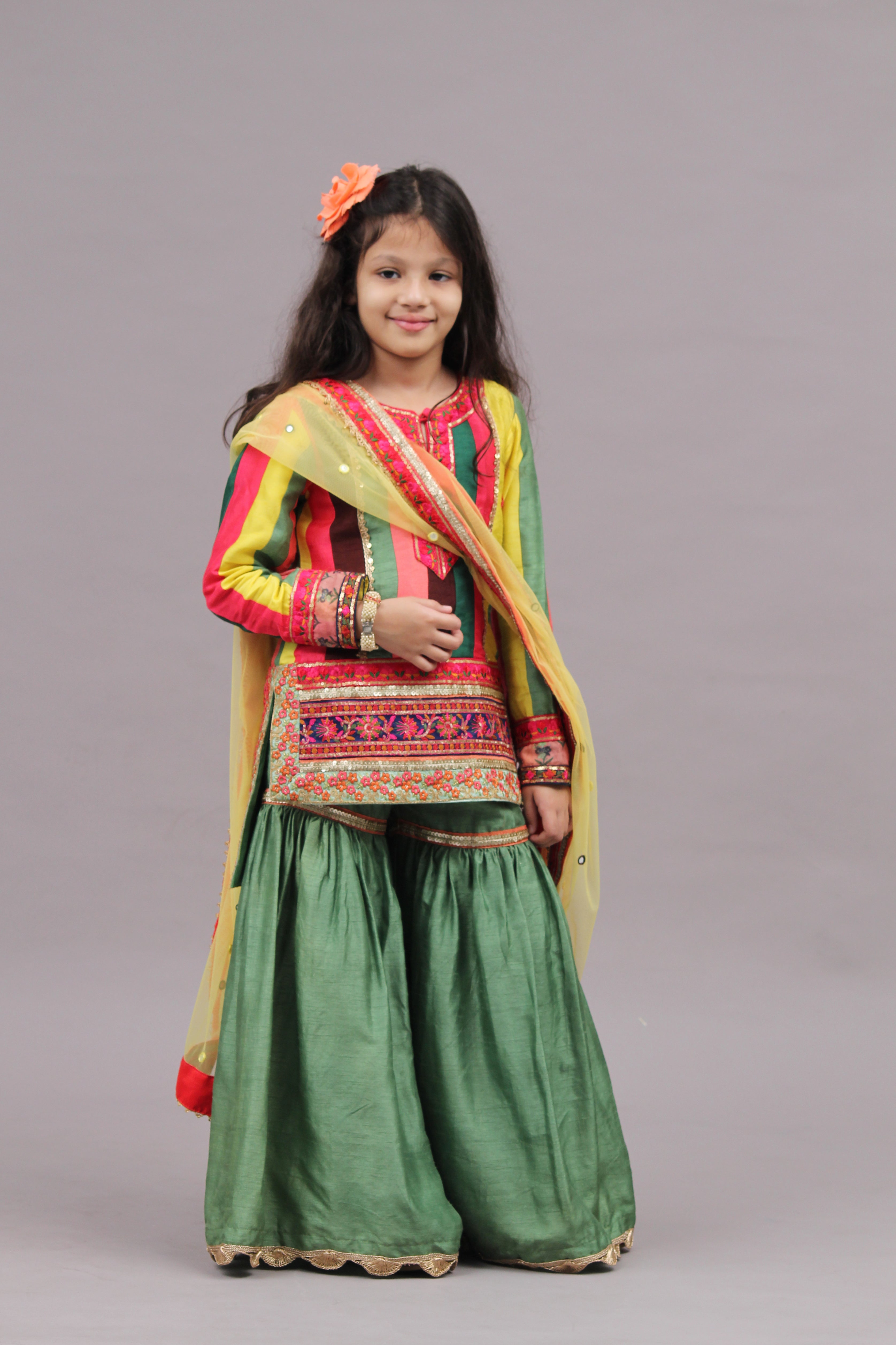 Multicolour Kurta with Pastel Green Sharara and Dupatta - Medium