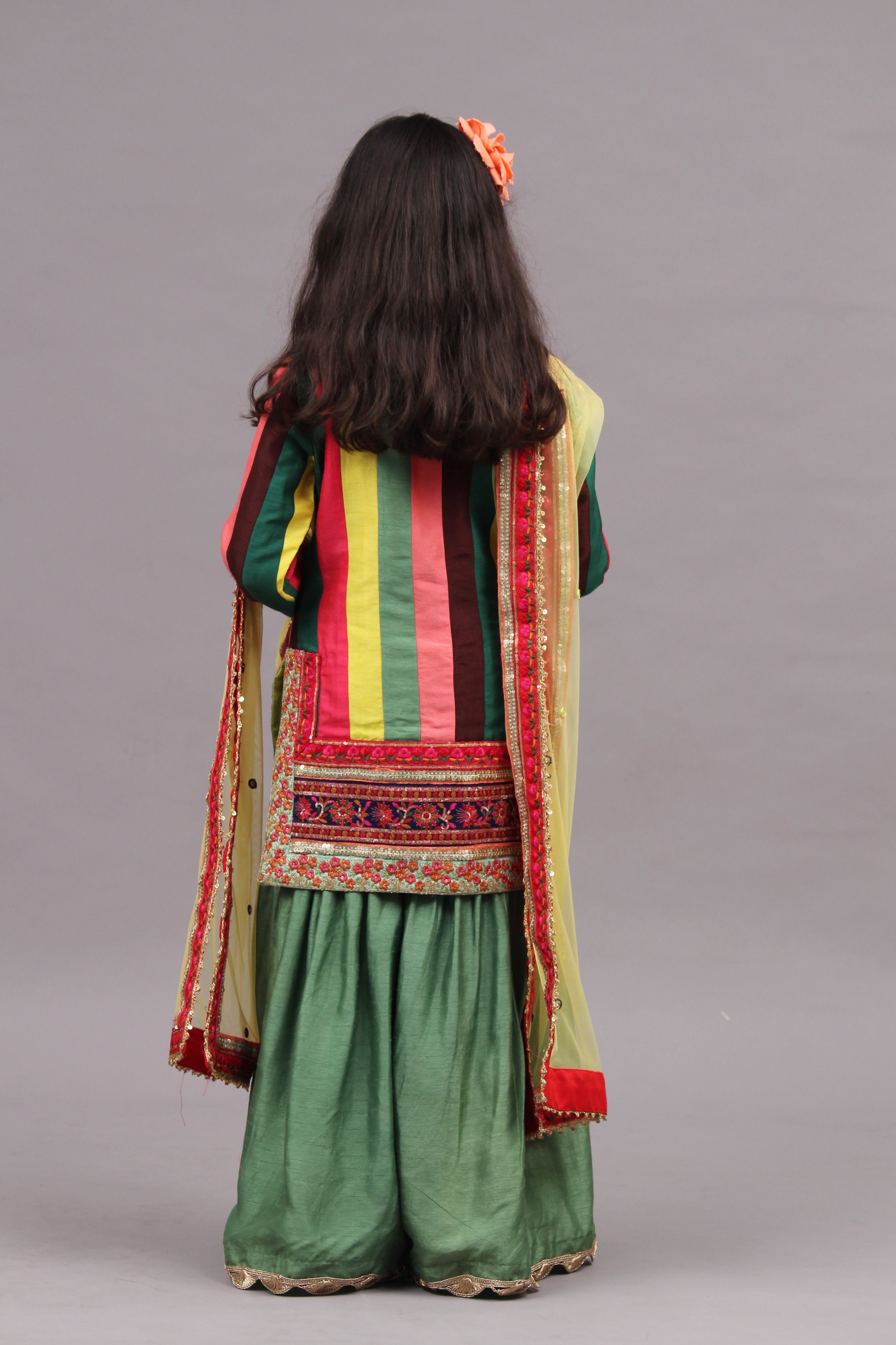 Multicolour Kurta with Pastel Green Sharara and Dupatta - Medium
