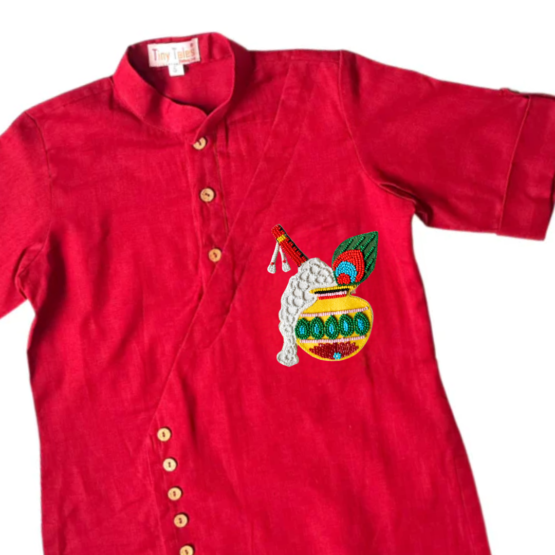 Red Kurta Set with Krishna & Matka Motifs