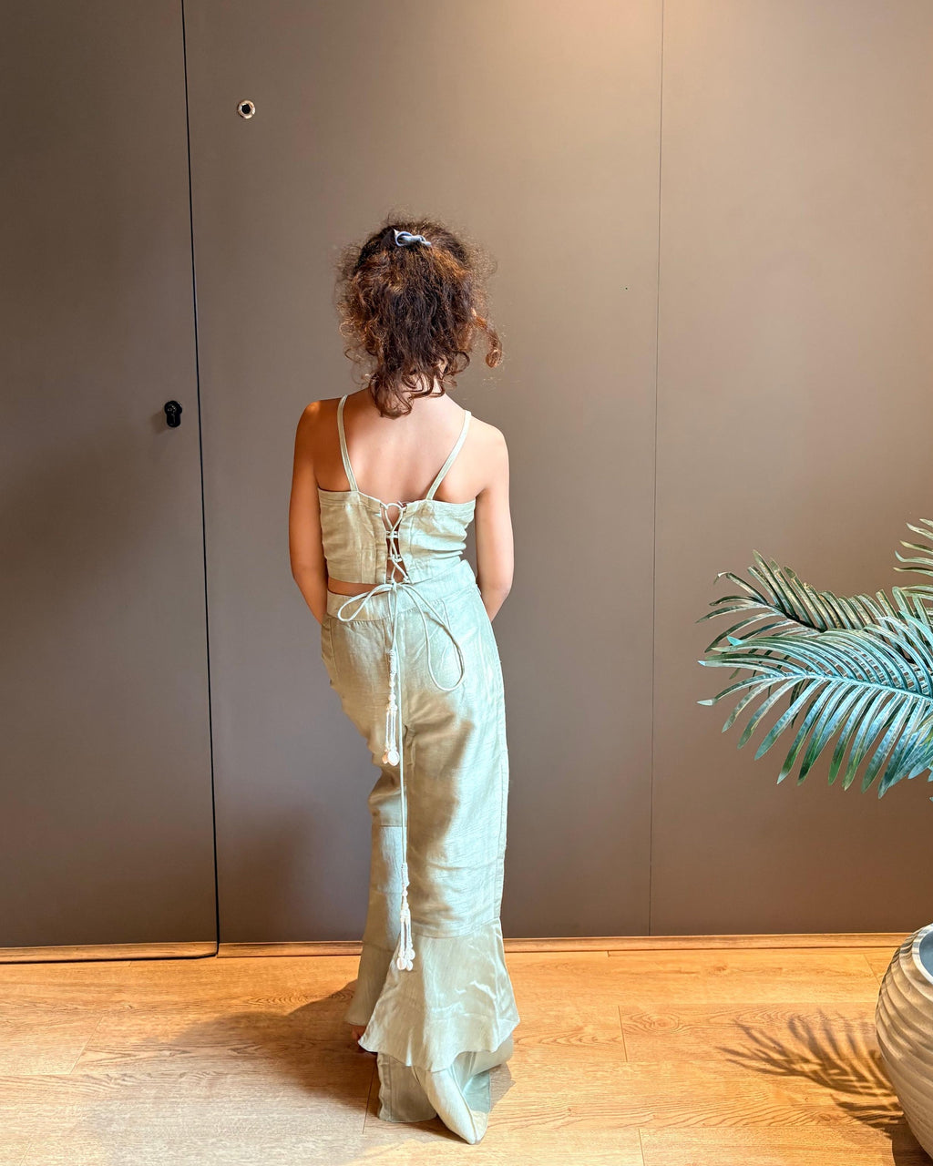Sage Green Halter Embroidered Blouse with Flared Pants & Crossbody Bag