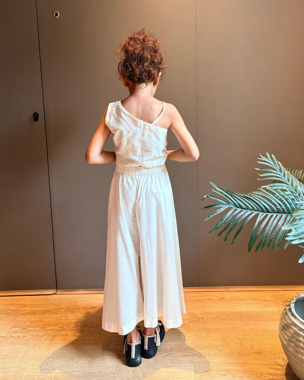 Off White Safari Theme Crop Top With Flared Pants