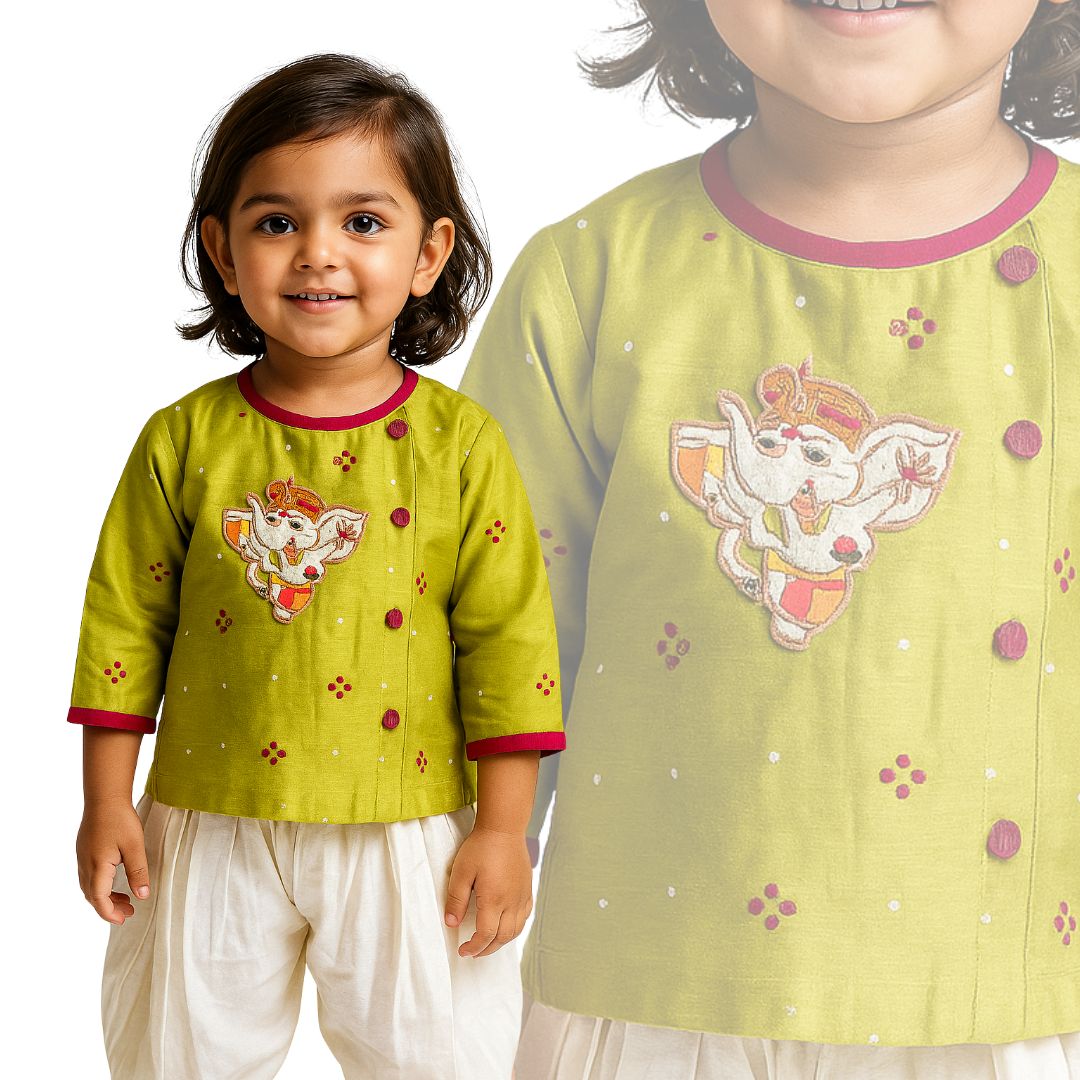 Green Chanderi Bandhani Jacket Set with Ganesha Motif