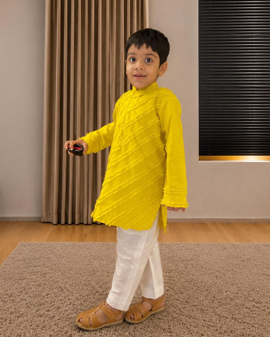 Yellow Frill Textured Kurta Set