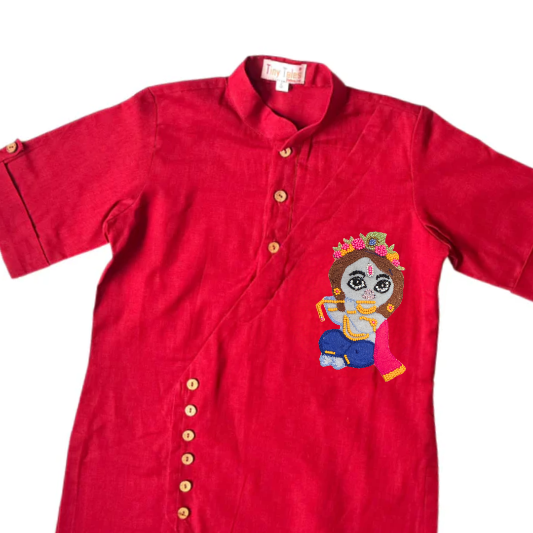 Red Kurta Set with Krishna & Matka Motifs