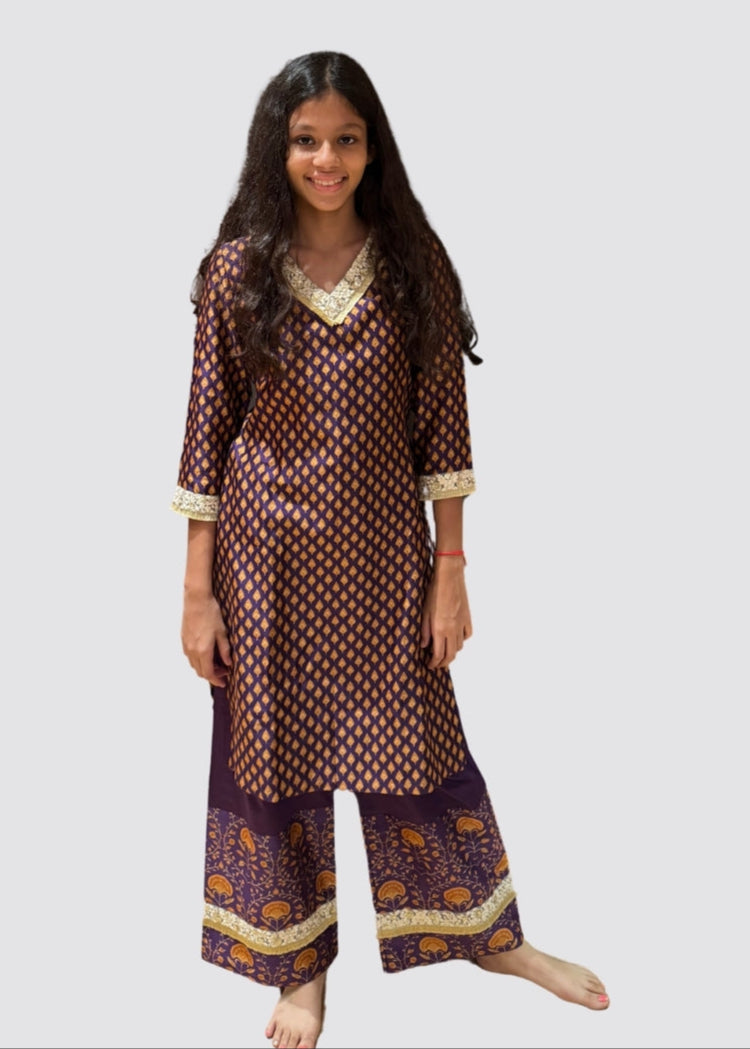 Purple Chanderi Kurta Set with Lace Detailing