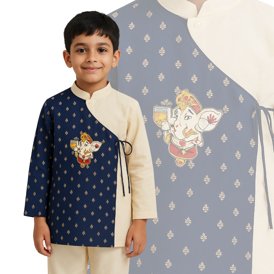 Cotton Silk Kurta With Brocade Flap & Ganesha Motif
