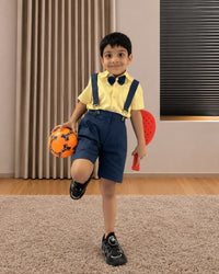 Yellow Shirt with Navy Blue Pant-Suspender Set