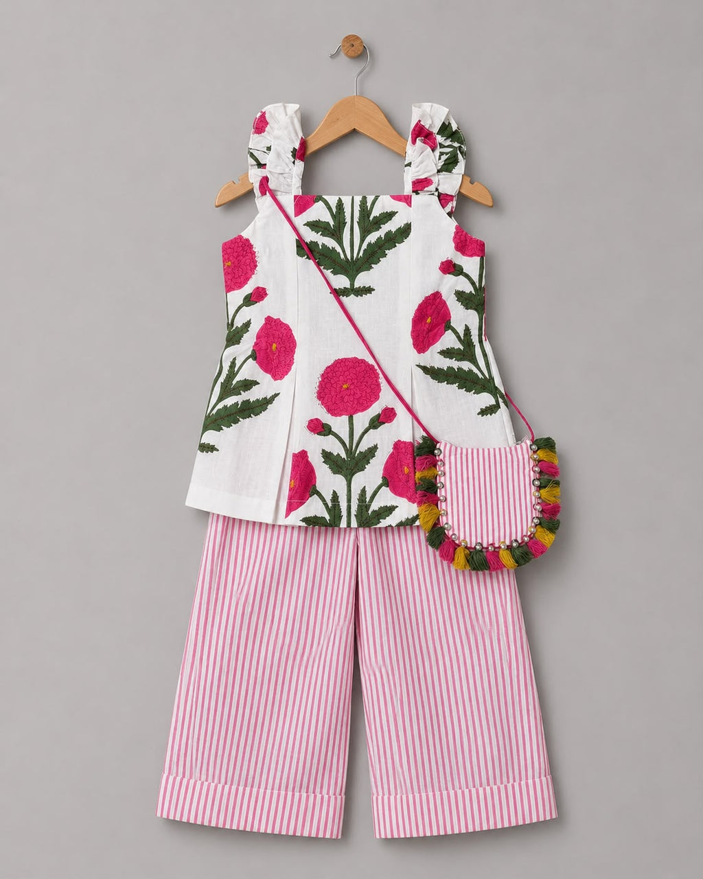 Floral Print Kurti With Stripe Pant & Bag
