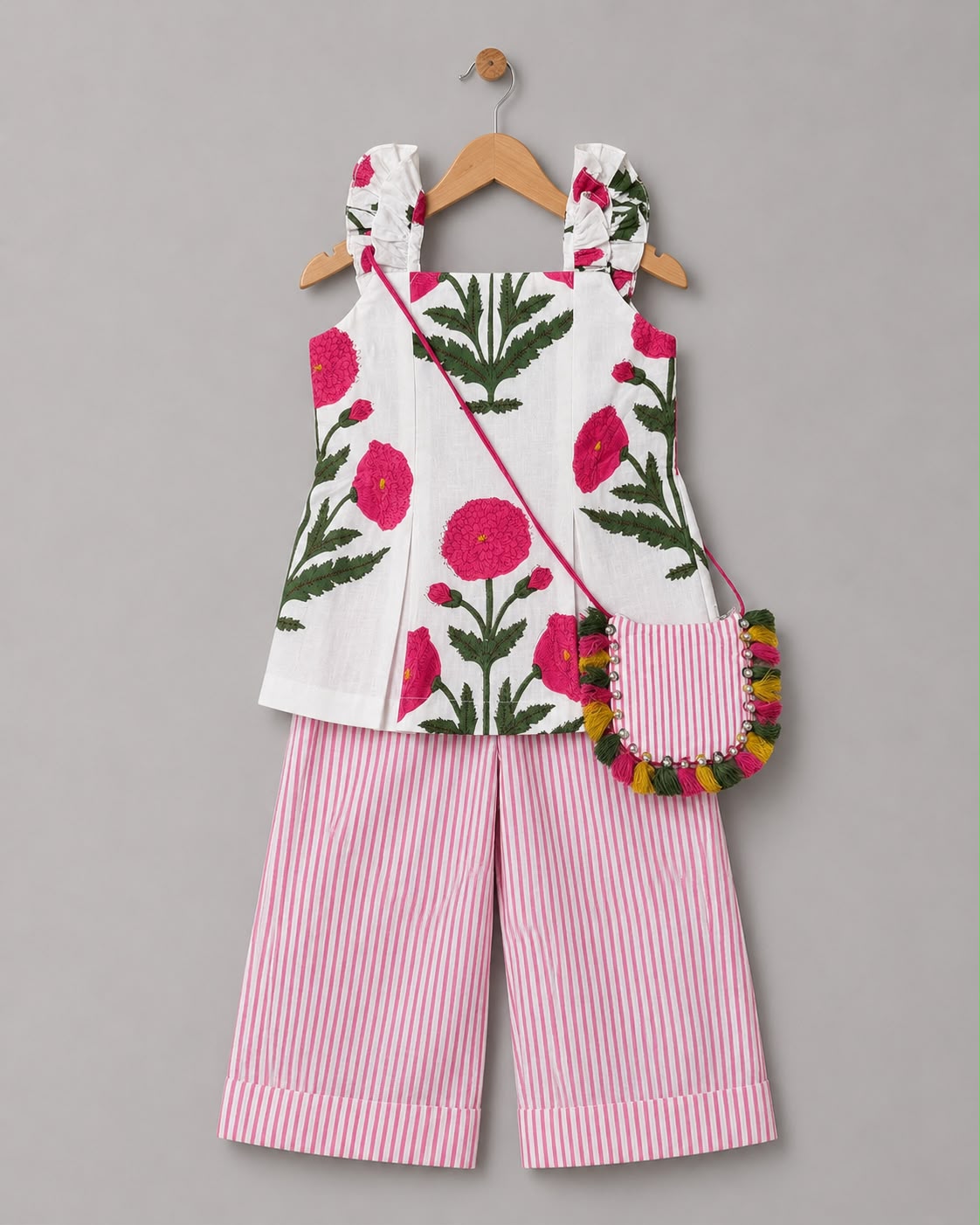 Floral Print Kurti With Stripe Pant & Bag