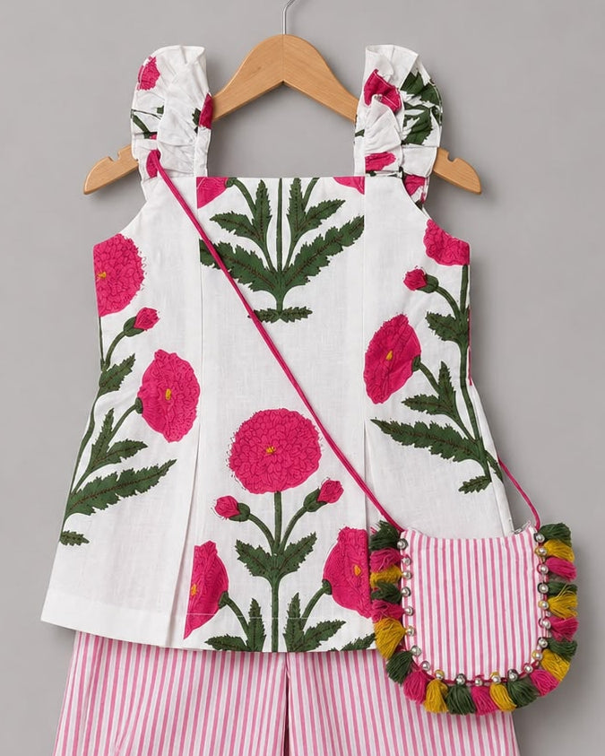 Floral Print Kurti With Stripe Pant & Bag
