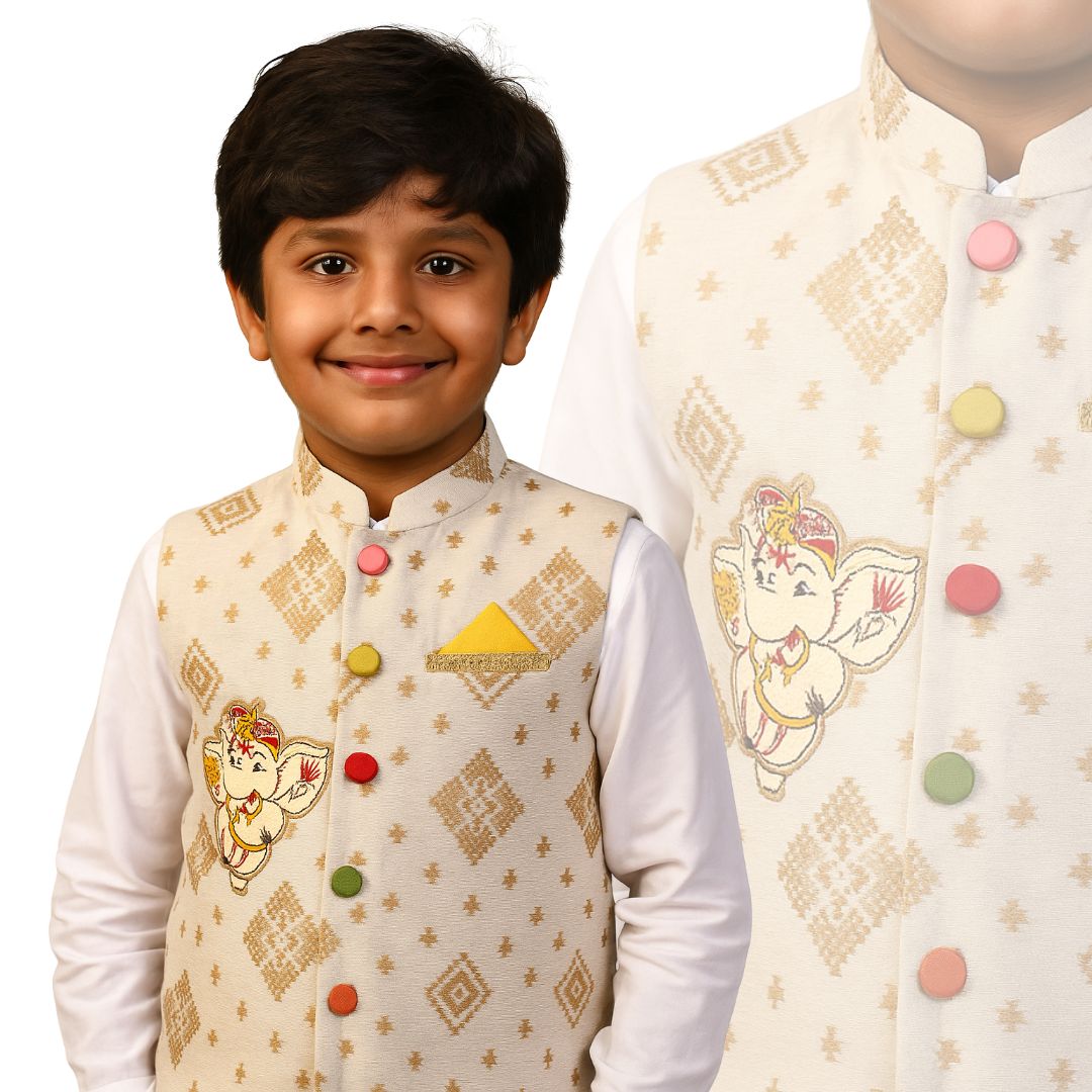 White Brocade Jacket with Ganesha Motif