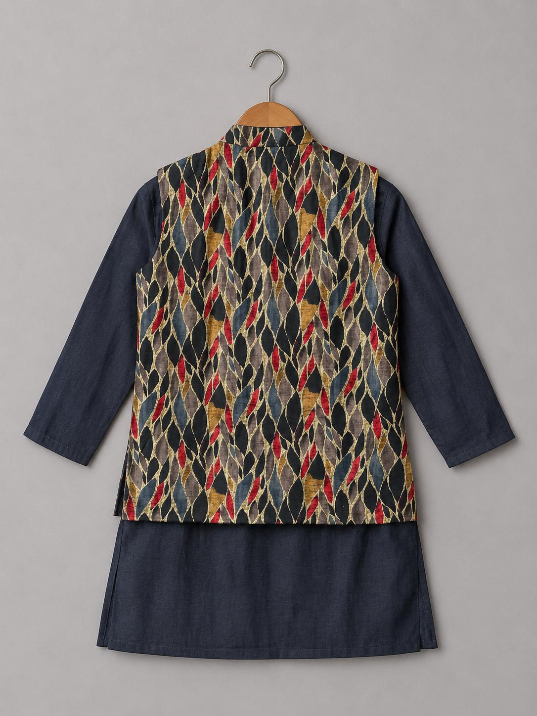 Black Kurta With Printed Jacket