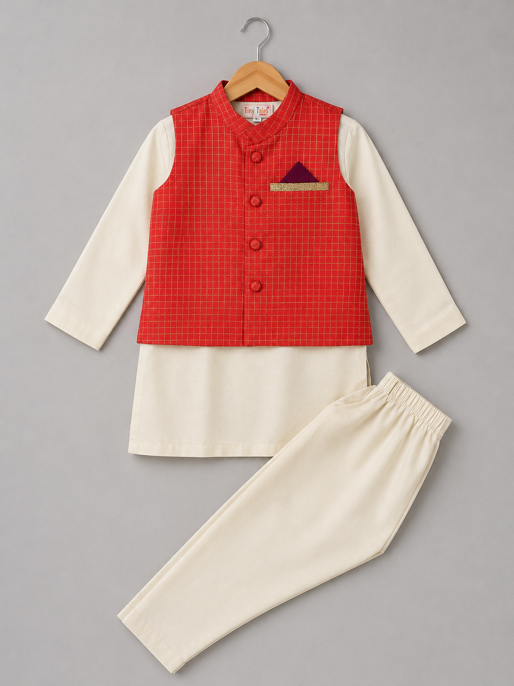 Pink Checkered Jacket With Chanderi Kurta Set