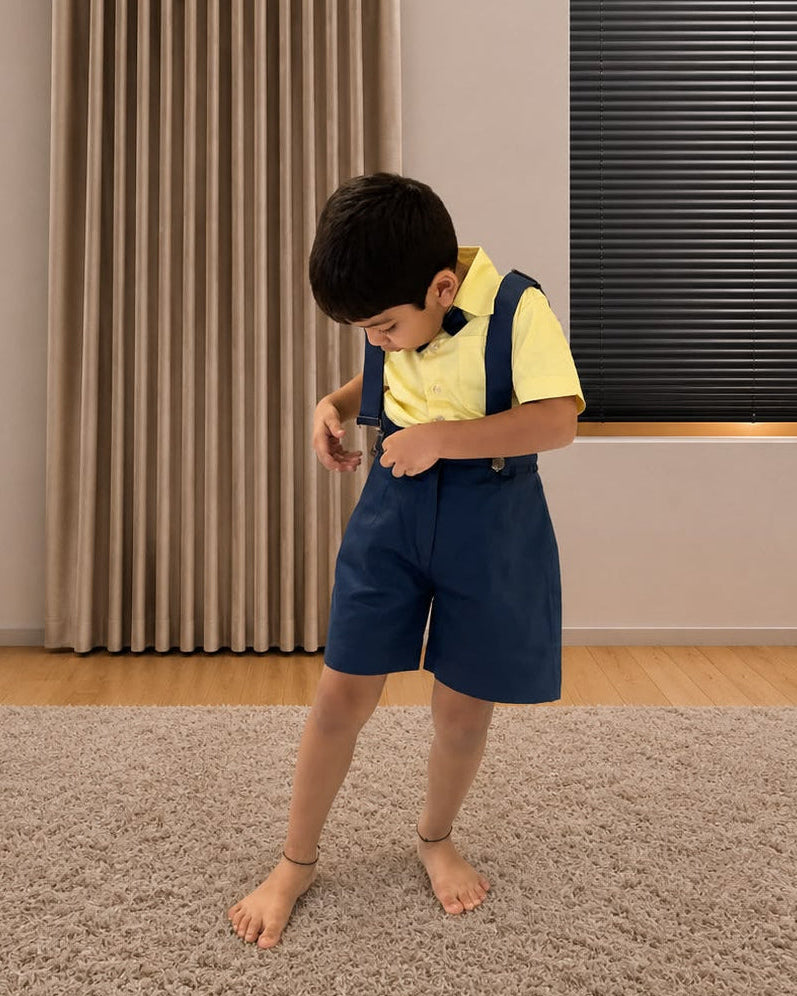 Yellow Shirt with Navy Blue Pant-Suspender Set