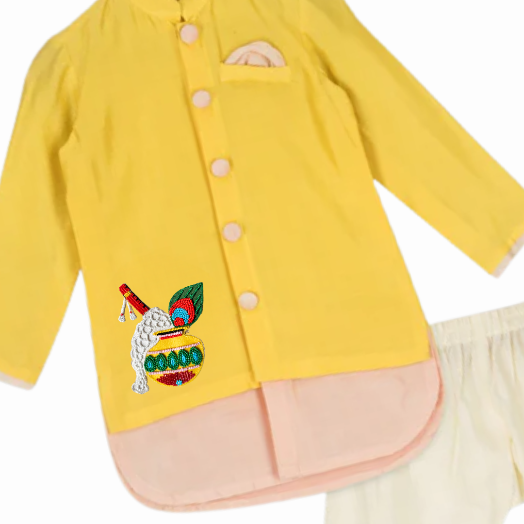 Yellow and Pink Kurta Set with Krishna and Matka Motif