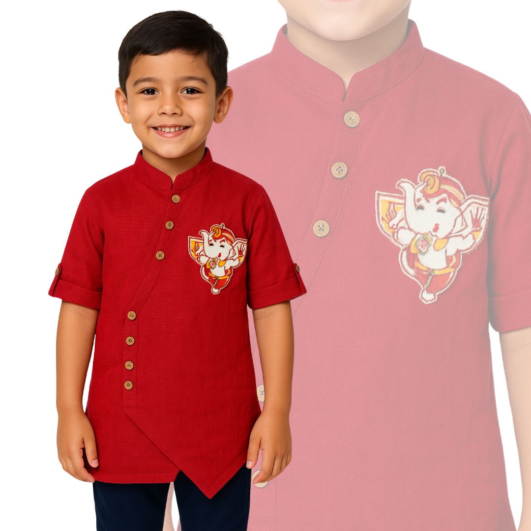 Red Kurta Set with Ganesha Motif