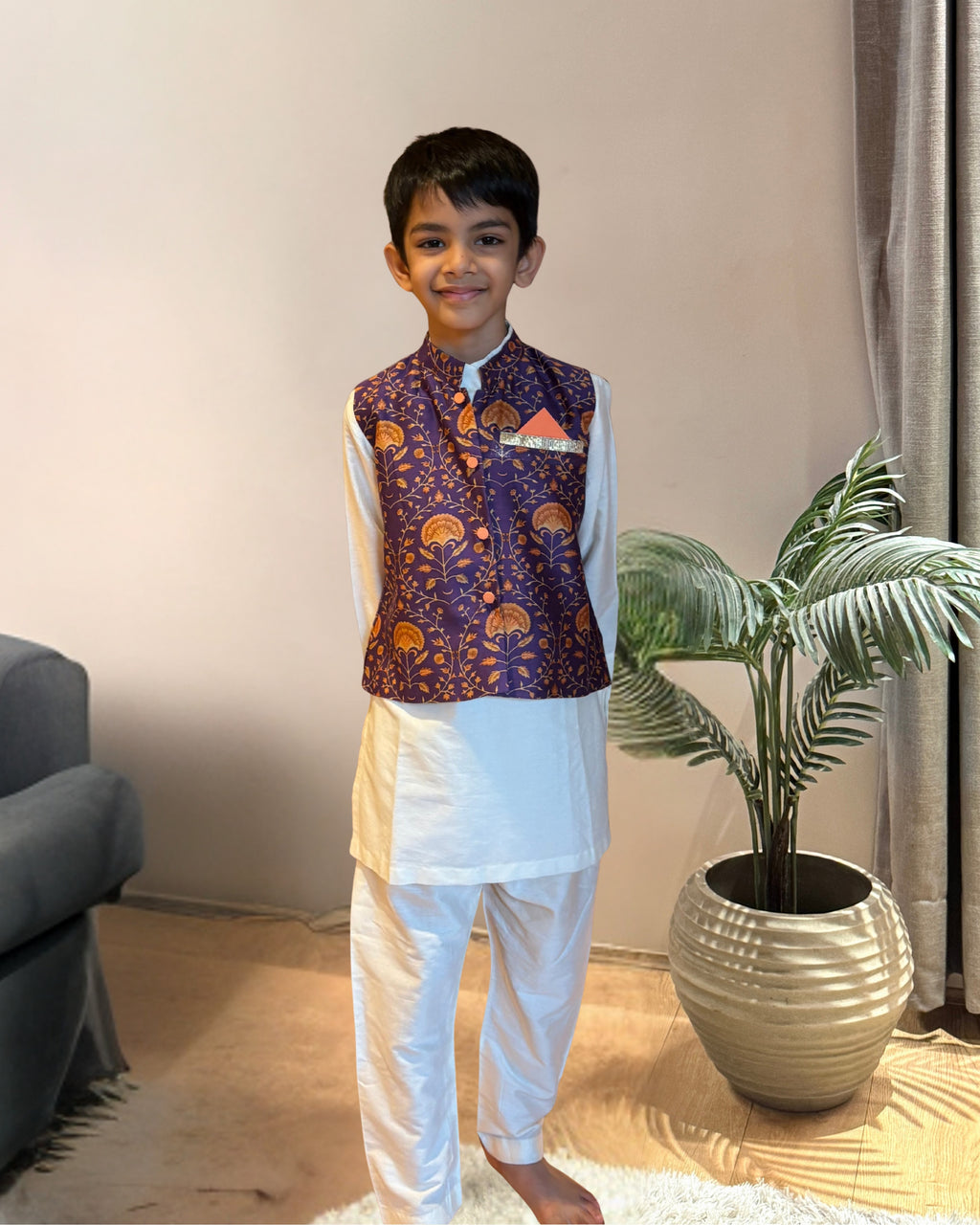 Purple Waistcoat with Kurta Set