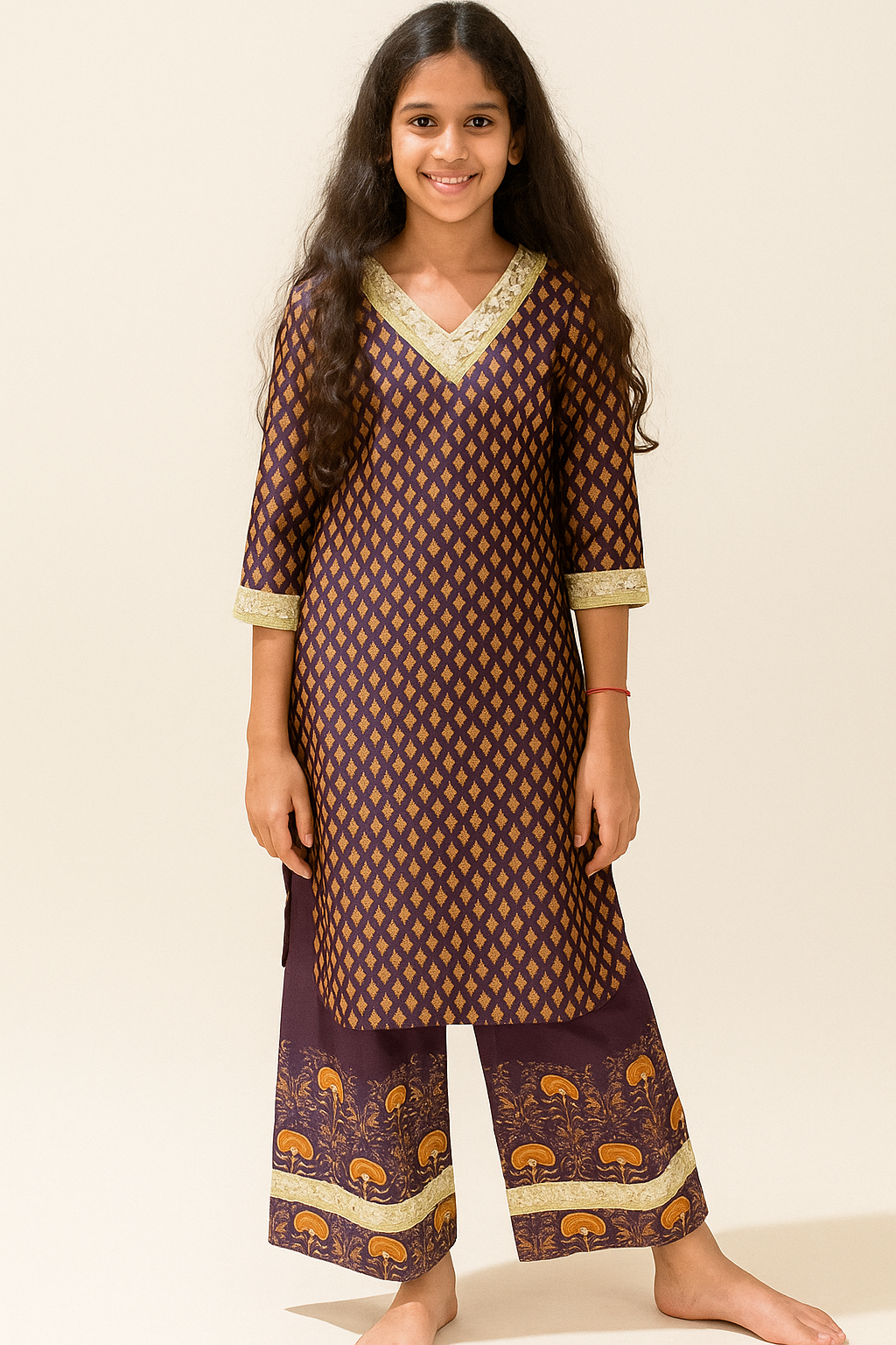 Purple Chanderi Kurta Set with Lace Detailing