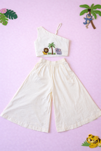 Off White Jungle Theme One Shoulder Top with Flared Pants